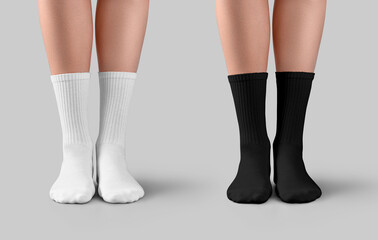 Mockup of black, white long socks with elastic band on female legs, front view, isolated on...