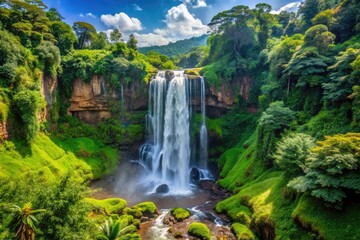 Obraz premium Majestic African Waterfall Cascading Through Lush Greenery in a Vibrant Natural Landscape Setting