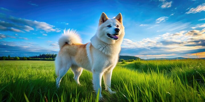 Majestic Akida Dog Standing Proudly in a Lush Green Field with a Clear Blue Sky in the Background
