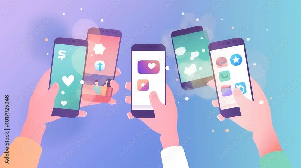 Poster multiple hands grip smartphones displaying various social media applications, highlighting modern co