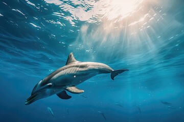 Fototapeta premium Sunlit Dolphins Swimming Underwater in Crystal Clear Ocean