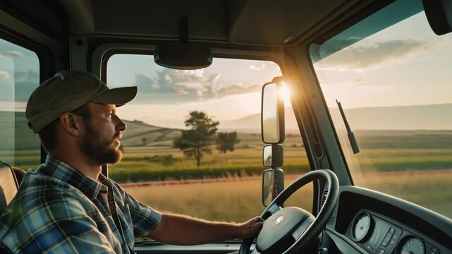 Side portrait of truck drivers driving through a rural road, enjoying the peaceful scenery
