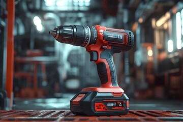 Cordless Power Drill on Red Industrial Metal Base
