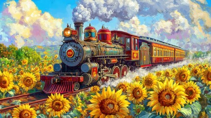 Obraz premium An old-fashioned steam locomotive in vibrant colors, with steam creating a dramatic effect as it moves through