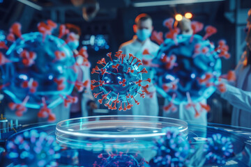 Microbiology and virusology concept. Medicine, science and health background. Virus against blurred scientists