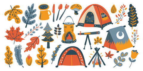 Set of isolated cute Fall elements in doodle hand drawn style on a transparent background. Vol.4 : Camping series in vivid orange, blue and yellow colors.
