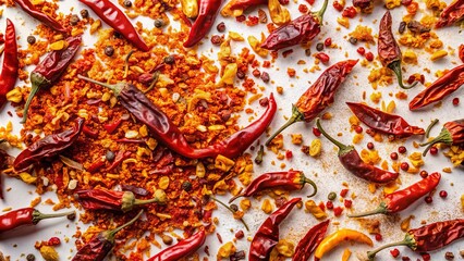 Dried chili flakes shine vibrantly on a pristine white background, highlighting their rich color and spice. Ideal for adding heat and flavor to your