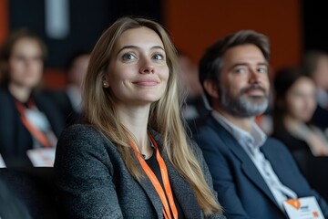 Audience members attending a business conference event in a conference hall