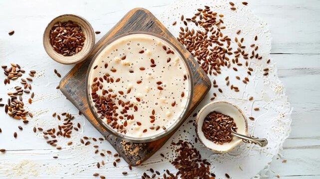 Glass of smoothie with flax seeds is standing on a white table, shot directly from above. The smoothie is light brown and is sprinkled with flax seeds