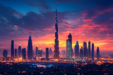 Obraz premium Breathtaking Dubai Skyline at Dramatic Sunset with Towering Skyscrapers and Vibrant Colors