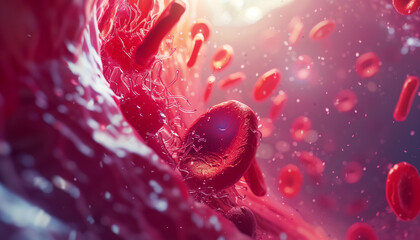 Red blood cells under microscope, science and medicine background