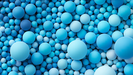 Many ocean blue bright color random soft balls background. Colorful balloons wall decoration of a children's festival. Huge pile of blue smooth gradient balls in various sizes. Vector background