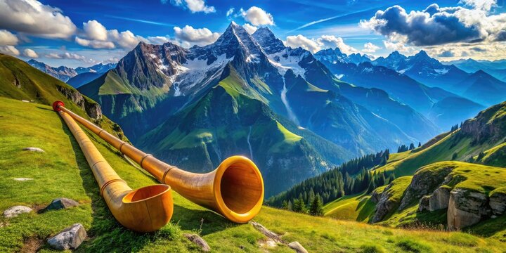 Majestic alphorn resting on a mountain hillside with stunning alpine scenery in the background