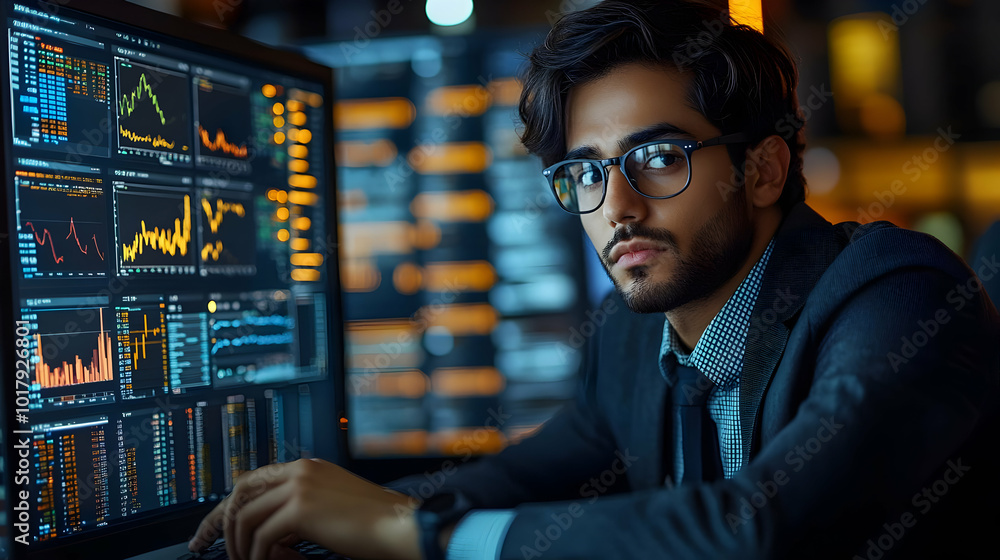 Poster a focused individual analyzing financial data on multiple screens.