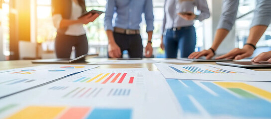 Collaborative business team meeting with diverse people working together, analyzing charts and graphs on table. atmosphere is focused and productive, showcasing teamwork and strategy