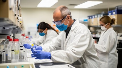 Scientists clad in lab coats and masks work diligently at a lab bench, embodying focus and innovation in a modern research facility.