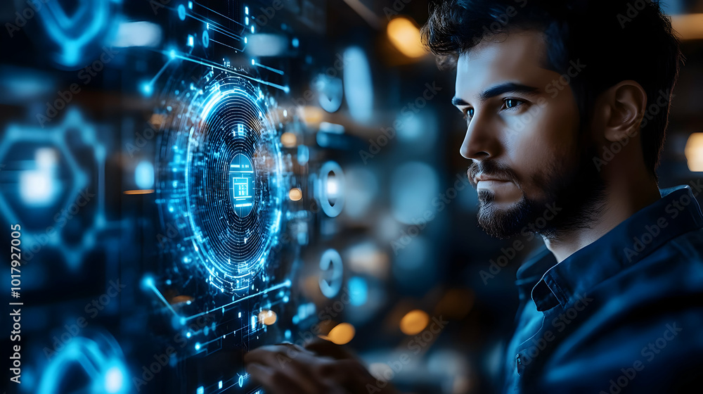 Poster a focused individual interacting with a futuristic digital interface.