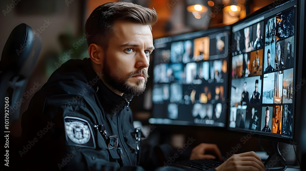 Poster a focused individual monitoring multiple screens in a dark environment.