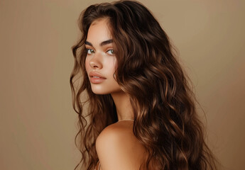 Naklejka premium Charming glam woman with long wavy hair. Model with curly hairstyle and healthy skin. Beauty, hairstyle, makeup and cosmetics