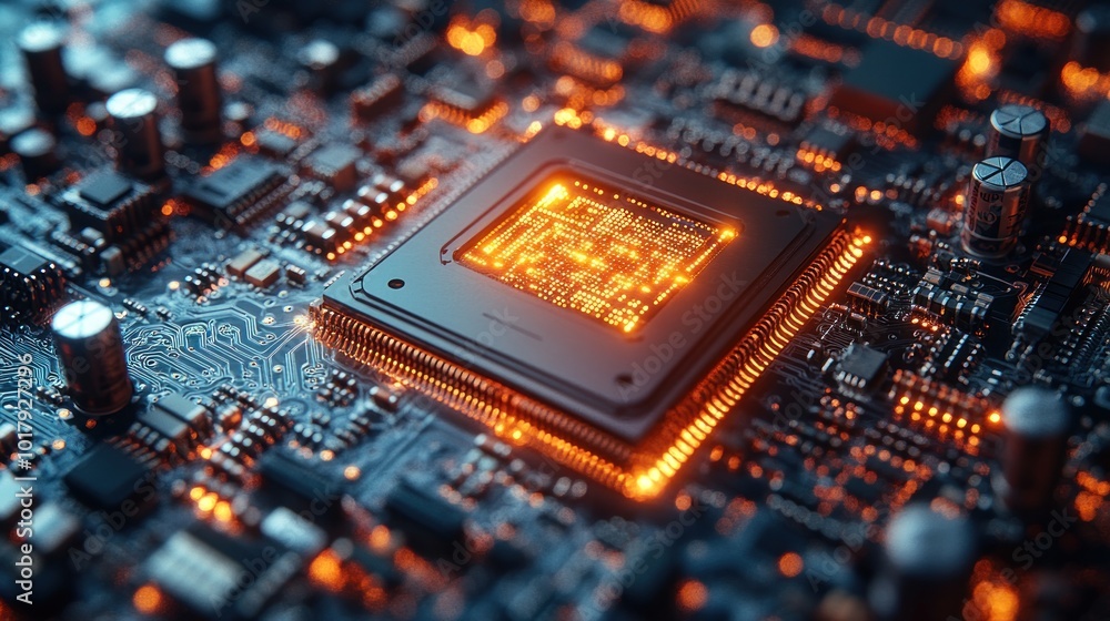 Poster close-up of a glowing microprocessor on a circuit board.