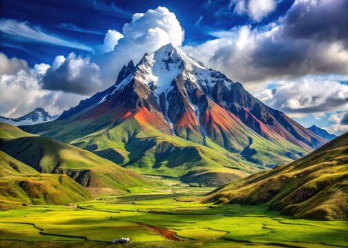Majestic Ampato Mountain Surrounded by Lush Green Valleys and Clear Blue Skies in Peru's Andes