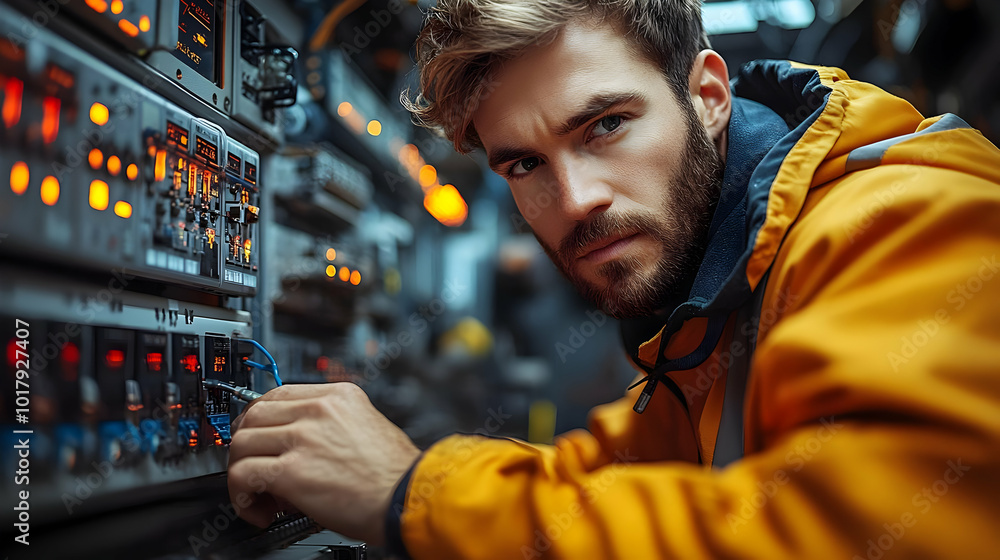 Wall mural A focused technician works on complex equipment in a control room.