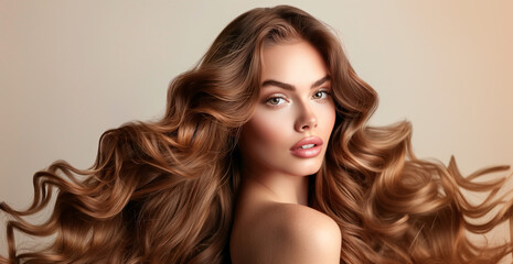 Fototapeta premium Gorgeous redhead person woman portrait. Beauty model with fashion make-up, long red hairstyle and beautiful face. Beauty salon, cosmetic, hair and skin care concept