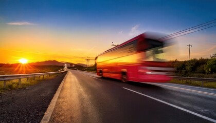  Long exposure of a bus driving on the highway at sunset. side view 