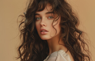 Naklejka premium Natural glance model woman with long hairstyle, clean healthy fresh skin looking at camera