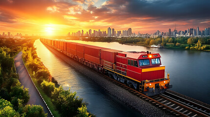 A freight train travels along a river at sunset near a city skyline.