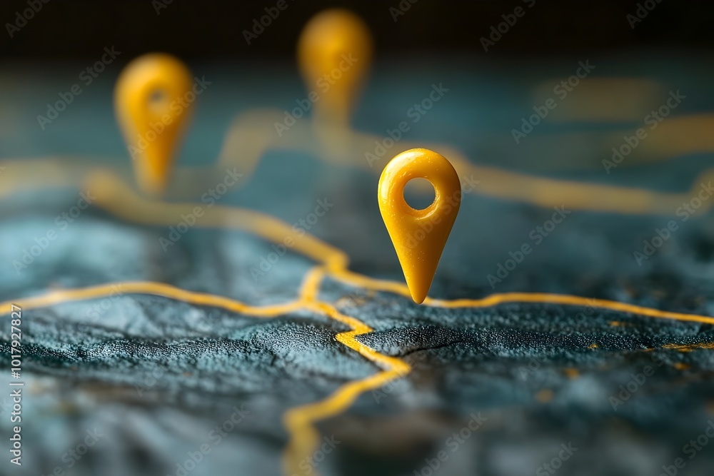 Poster pinpointing location on digital map with navigation routes and concept elements