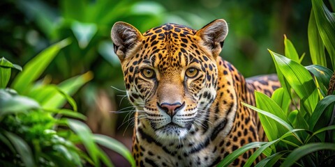 Obraz premium Majestic and Fierce Jaguar Stalking Through Lush Green Jungle Environment in Natural Habitat