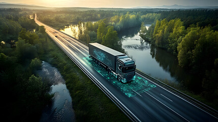 A futuristic truck driving on a smart road with digital overlays.