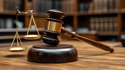 A gavel and scales of justice on a wooden table in a library.