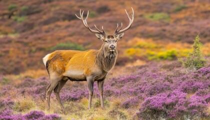 Fototapeta premium Majestic Red Deer Stag with Large Antlers Standing in Vibrant Autumn Heather, Scottish Highlands, UK