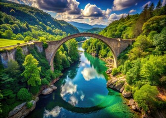 Fototapeta premium Majestic Arch Bridge Spanning Tranquil River Surrounded by Lush Greenery Under Clear Blue Sky