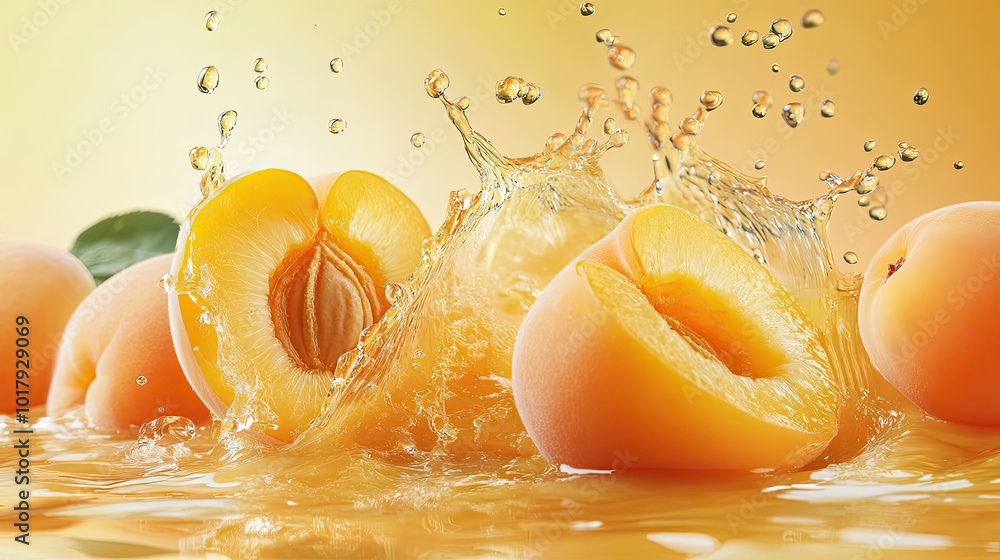 Poster apricots splashing in a pool of juice