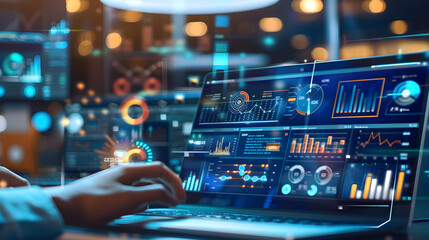 Diverse IT services illustrated on Laptop Screen with Background Office Workspace