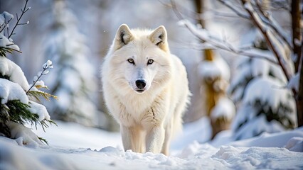 Obraz premium Majestic Arctic White Wolf Stalking Through Snowy Landscape in the Heart of Winter Wilderness
