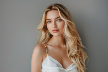 Naklejka premium Beauty portrait of curly hairstyle woman. Blonde fashion model with wavy long hairdo portrait. Volume, coiffure, cosmetic, hair care and hair treatment concept