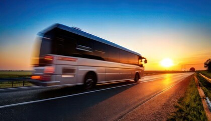  Long exposure of a bus driving on the highway at sunset. side view 