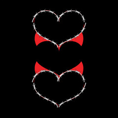 Two gothic hearts intertwine to form a third through the art of negative space. One heart embodies the essence of the vampire, while the other channels the enigmatic spirit of the satanic.