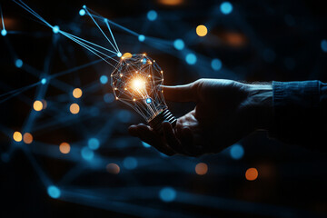 A hand holding glowing light bulb symbolizes innovation and creativity, surrounded by network of connections. This image captures essence of bright ideas and technological advancement