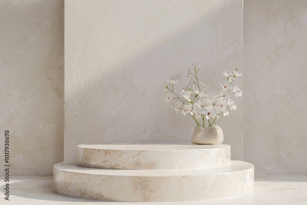 Poster round platform and dried branch in a vase with soft natural light from a window