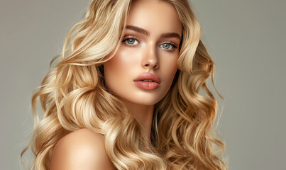Fototapeta premium Cute blonde woman with long wavy hair on gray background. Beautiful face close-up. Haircare, salon cosmetic and coiffure concept