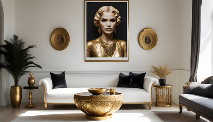 A vintage, weathered coffee table sits next to a white sofa by an arched window, with a large art poster framed on a white wall. The living room features a minimalist, art deco-inspired design