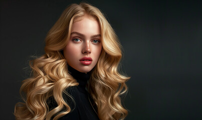 Fototapeta premium Young blonde model face. Long blond hair, fresh skin and natural make-up looking at camera
