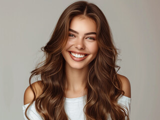 Happy young adult woman with beautiful natural long wavy brown hair. Make-up, clear fresh skin and curly hairstyle. Cosmetic, styling, shampoo, glance and hairdresser concept