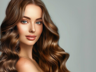 Fototapeta premium Charming young adult woman with beautiful natural long wavy brown hair. Make-up, clear fresh skin and curly hairstyle. Cosmetic, styling, shampoo, glance and hairdresser concept