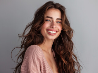Fototapeta premium Laughing female model with fresh clean skin, natural makeup and long wavy hairstyle posing on studio background. Coiffure, cosmetic and hair care concept